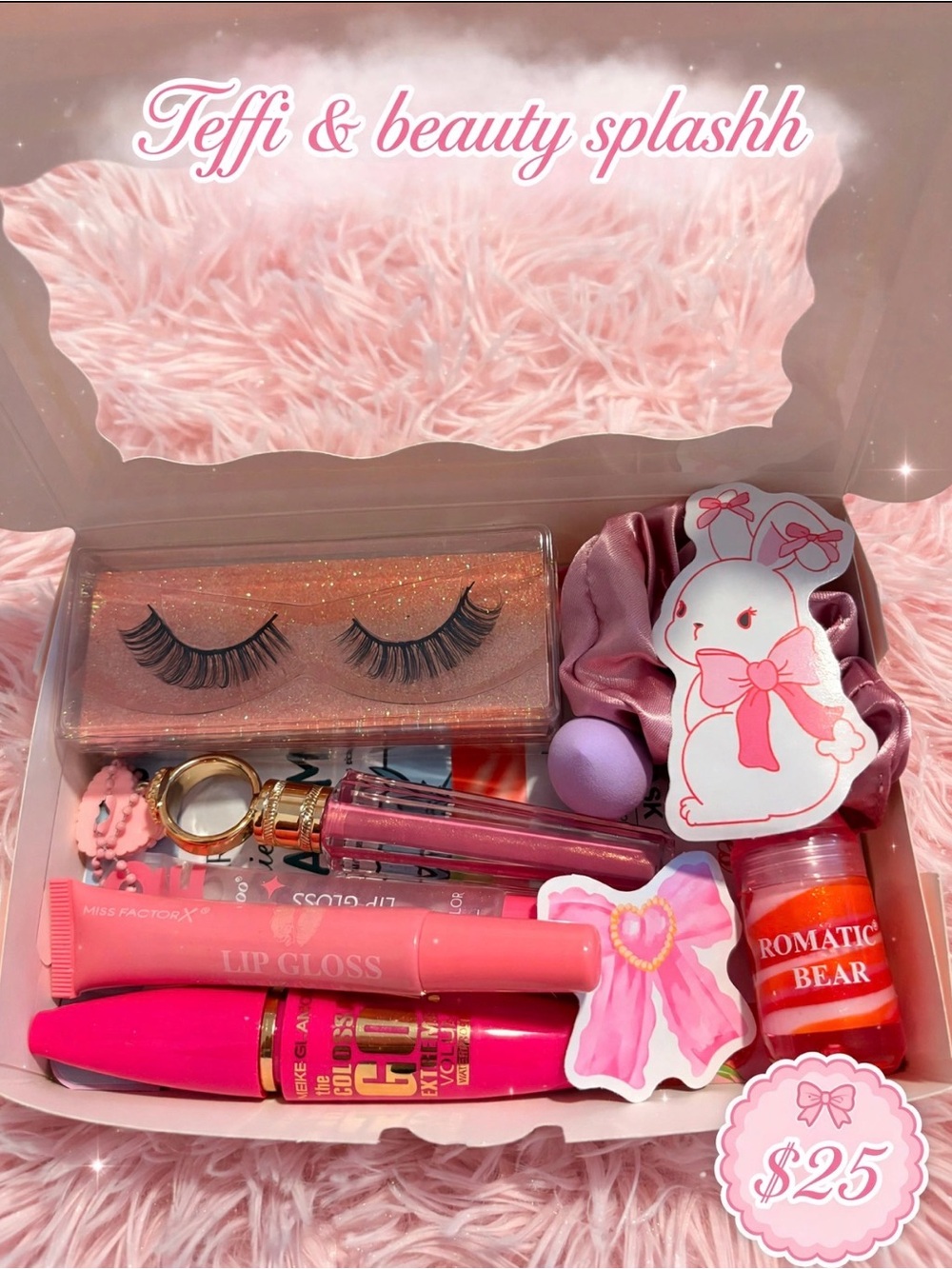 Pink Lip Gloss & Lash Beauty Set - Cute Bunny Gift Box